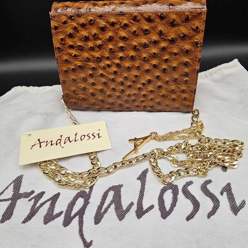 Andalossi Ostrich Embossed Leather Crossbody Flap Chain Shoulder Bag‎ Gold Tan - Picture 14 of 16